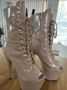 Pleaser Nude Patent Lace-Up Peep-Toe Platform Ankle Boots